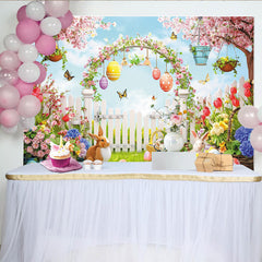 Lofaris Vibrant Spring Garden Easter Backdrop with Bunnies and Eggs, Floral Photography Background for Holiday Party Decoration