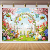 Lofaris Vibrant Spring Garden Easter Backdrop with Bunnies and Eggs, Floral Photography Background for Holiday Party Decoration