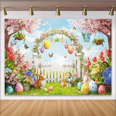 Lofaris Vibrant Spring Garden Easter Backdrop with Bunnies and Eggs, Floral Photography Background for Holiday Party Decoration