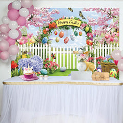 Lofaris Happy Easter Garden Backdrop with Cherry Blossoms and Rabbit, Colorful Eggs and Spring Flowers Photo Background