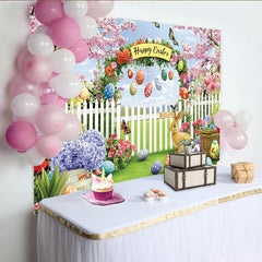 Lofaris Happy Easter Garden Backdrop with Cherry Blossoms and Rabbit, Colorful Eggs and Spring Flowers Photo Background