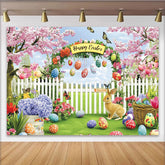 Lofaris Happy Easter Garden Backdrop with Cherry Blossoms and Rabbit, Colorful Eggs and Spring Flowers Photo Background