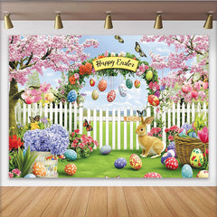 Lofaris Happy Easter Garden Backdrop with Cherry Blossoms and Rabbit, Colorful Eggs and Spring Flowers Photo Background