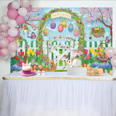 Lofaris Happy Easter Spring Garden Backdrop with Cute Bunnies Eggs, Festive Photography Background for Party Decor Photoshoot