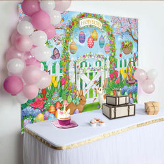 Lofaris Happy Easter Spring Garden Backdrop with Cute Bunnies Eggs, Festive Photography Background for Party Decor Photoshoot