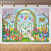 Lofaris Happy Easter Spring Garden Backdrop with Cute Bunnies Eggs, Festive Photography Background for Party Decor Photoshoot