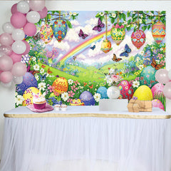 Lofaris Colorful Easter Backdrop with Decorated Eggs and Spring Flowers, Rainbow Sky Photography Background for Holiday Party