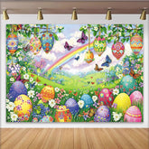 Lofaris Colorful Easter Backdrop with Decorated Eggs and Spring Flowers, Rainbow Sky Photography Background for Holiday Party