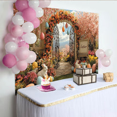 Lofaris Pink Cherry Blossom Easter Backdrop with Floral Arch, Spring Garden Photo Background for Holiday Party Decoration