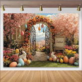 Lofaris Pink Cherry Blossom Easter Backdrop with Floral Arch, Spring Garden Photo Background for Holiday Party Decoration