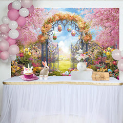 Lofaris Vibrant Spring Easter Garden Backdrop with Pink Cherry Blossoms, Ornate Gate and Cute Rabbits for Photoshoot
