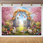 Lofaris Vibrant Spring Easter Garden Backdrop with Pink Cherry Blossoms, Ornate Gate and Cute Rabbits for Photoshoot