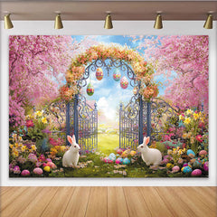 Lofaris Vibrant Spring Easter Garden Backdrop with Pink Cherry Blossoms, Ornate Gate and Cute Rabbits for Photoshoot