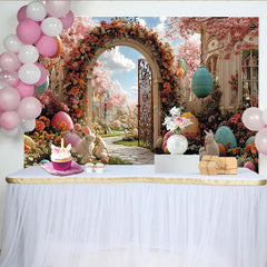 Lofaris Pink Cherry Blossom Easter Backdrop with Colorful Eggs, Spring Garden Photography Background for Holiday Party Decor