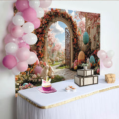 Lofaris Pink Cherry Blossom Easter Backdrop with Colorful Eggs, Spring Garden Photography Background for Holiday Party Decor