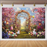 Lofaris Vibrant Easter Garden Gate Backdrop with Pink Cherry Blossoms, Colorful Eggs and White Rabbits for Spring Photography
