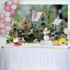 Lofaris Pastel Easter Photography Backdrop with Bunnies and Fairy Houses, Whimsical Spring Decor for Party and Photoshoot