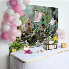 Lofaris Pastel Easter Photography Backdrop with Bunnies and Fairy Houses, Whimsical Spring Decor for Party and Photoshoot