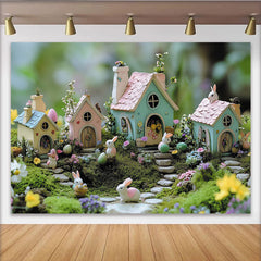 Lofaris Pastel Easter Photography Backdrop with Bunnies and Fairy Houses, Whimsical Spring Decor for Party and Photoshoot