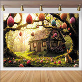 Lofaris Enchanted Easter Forest Cottage Backdrop with Colorful Eggs, Spring Holiday Photography Background for Party Decor