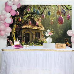 Lofaris Whimsical Easter Backdrop with Hanging Eggs, Enchanted Forest Cottage and Rabbit for Spring Photography