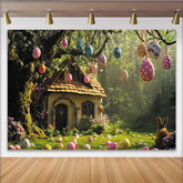 Lofaris Whimsical Easter Backdrop with Hanging Eggs, Enchanted Forest Cottage and Rabbit for Spring Photography