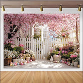 Lofaris Pink Cherry Blossom Easter Backdrop with Picket Fence and Spring Flowers, Pastel Eggs Photography Holiday Decor