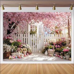 Lofaris Pink Cherry Blossom Easter Backdrop with Picket Fence and Spring Flowers, Pastel Eggs Photography Holiday Decor