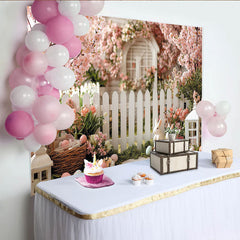 Lofaris Pink Cherry Blossom Easter Backdrop with Picket Fence, Spring Garden Photography Background for Holiday Decor
