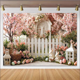 Lofaris Pink Cherry Blossom Easter Backdrop with Picket Fence, Spring Garden Photography Background for Holiday Decor
