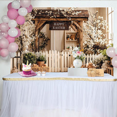 Lofaris Rustic Easter Backdrop with Wooden Arch, Spring Flowers Picket Fence, Charming Background for Holiday Celebration