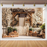 Lofaris Rustic Easter Backdrop with Wooden Arch, Spring Flowers Picket Fence, Charming Background for Holiday Celebration