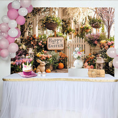 Lofaris Happy Easter Spring Porch Backdrop with Colorful Flowers Bunny and Picket Fence, Festive Holiday Background for Photoshoot
