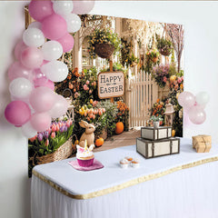 Lofaris Happy Easter Spring Porch Backdrop with Colorful Flowers Bunny and Picket Fence, Festive Holiday Background for Photoshoot