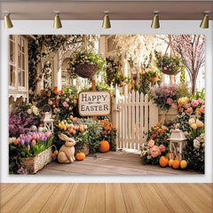 Lofaris Happy Easter Spring Porch Backdrop with Colorful Flowers Bunny and Picket Fence, Festive Holiday Background for Photoshoot