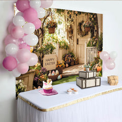 Lofaris Happy Easter Porch Backdrop with Bunnies, Eggs, and Spring Flowers, Festive Photography Background for Holiday Decor