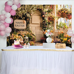 Lofaris Happy Easter Spring Floral Photography Backdrop with Bunnies and Eggs, Rustic Fence Background for Holiday Party Decor.