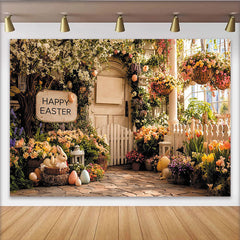 Lofaris Happy Easter Spring Floral Photography Backdrop with Bunnies and Eggs, Rustic Fence Background for Holiday Party Decor.