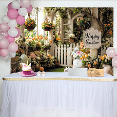 Lofaris Happy Easter Spring Garden Backdrop with White Picket Fence, Colorful Flowers and Cute Bunnies Photo Background