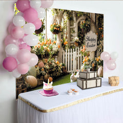 Lofaris Happy Easter Spring Garden Backdrop with White Picket Fence, Colorful Flowers and Cute Bunnies Photo Background