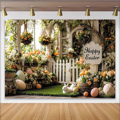Lofaris Happy Easter Spring Garden Backdrop with White Picket Fence, Colorful Flowers and Cute Bunnies Photo Background