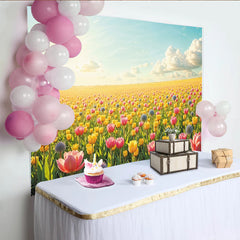 Lofaris Vibrant Yellow and Pink Tulip Field Spring Photography Backdrop, Bright Nature Photo Background for Studio Portrait and Event Decor