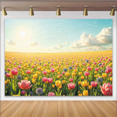Lofaris Vibrant Yellow and Pink Tulip Field Spring Photography Backdrop, Bright Nature Photo Background for Studio Portrait and Event Decor