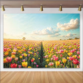 Lofaris Vibrant Tulip Field Floral Photography Backdrop with Blue Sky, Beautiful Spring Landscape Background for Studio Photoshoot