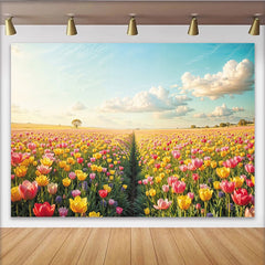 Lofaris Vibrant Tulip Field Floral Photography Backdrop with Blue Sky, Beautiful Spring Landscape Background for Studio Photoshoot