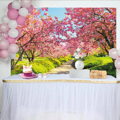 Lofaris Pink Cherry Blossom Spring Backdrop with Green Path and Sunny Sky, Beautiful Nature Photography Background for Outdoor Photoshoot