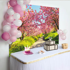 Lofaris Pink Cherry Blossom Spring Backdrop with Green Path and Sunny Sky, Beautiful Nature Photography Background for Outdoor Photoshoot