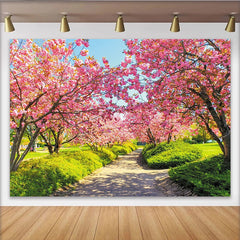Lofaris Pink Cherry Blossom Spring Backdrop with Green Path and Sunny Sky, Beautiful Nature Photography Background for Outdoor Photoshoot
