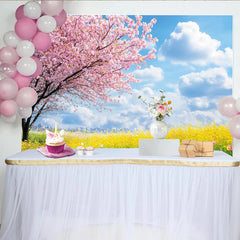 Lofaris Vibrant Pink Cherry Blossom Spring Floral Photography Backdrop with Yellow Flowers, Nature Scenery Background for Studio Photoshoot
