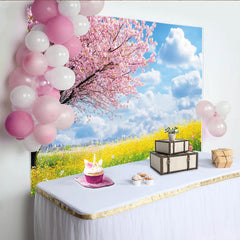 Lofaris Vibrant Pink Cherry Blossom Spring Floral Photography Backdrop with Yellow Flowers, Nature Scenery Background for Studio Photoshoot